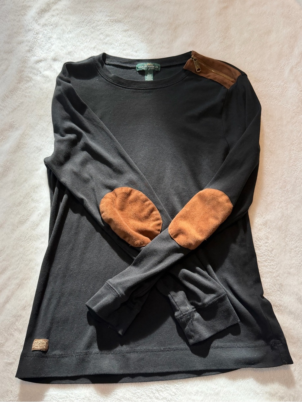 Ralph Lauren Black Crewneck Sweater with Brown Elbow Patches